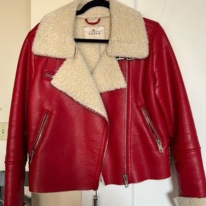 BLANK NYC Red leather jacket fur lined